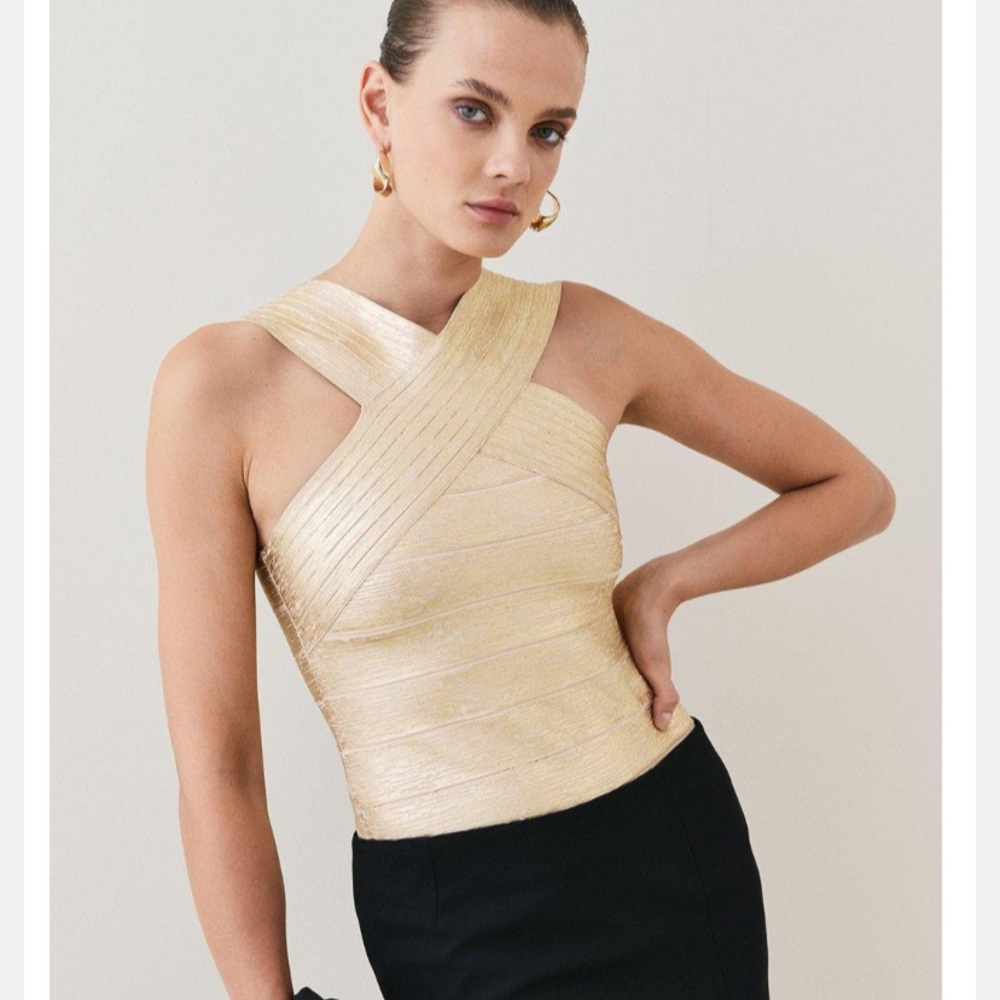 Karen Millen Gold Metallic Bandage Knit Cross Front Zip Top